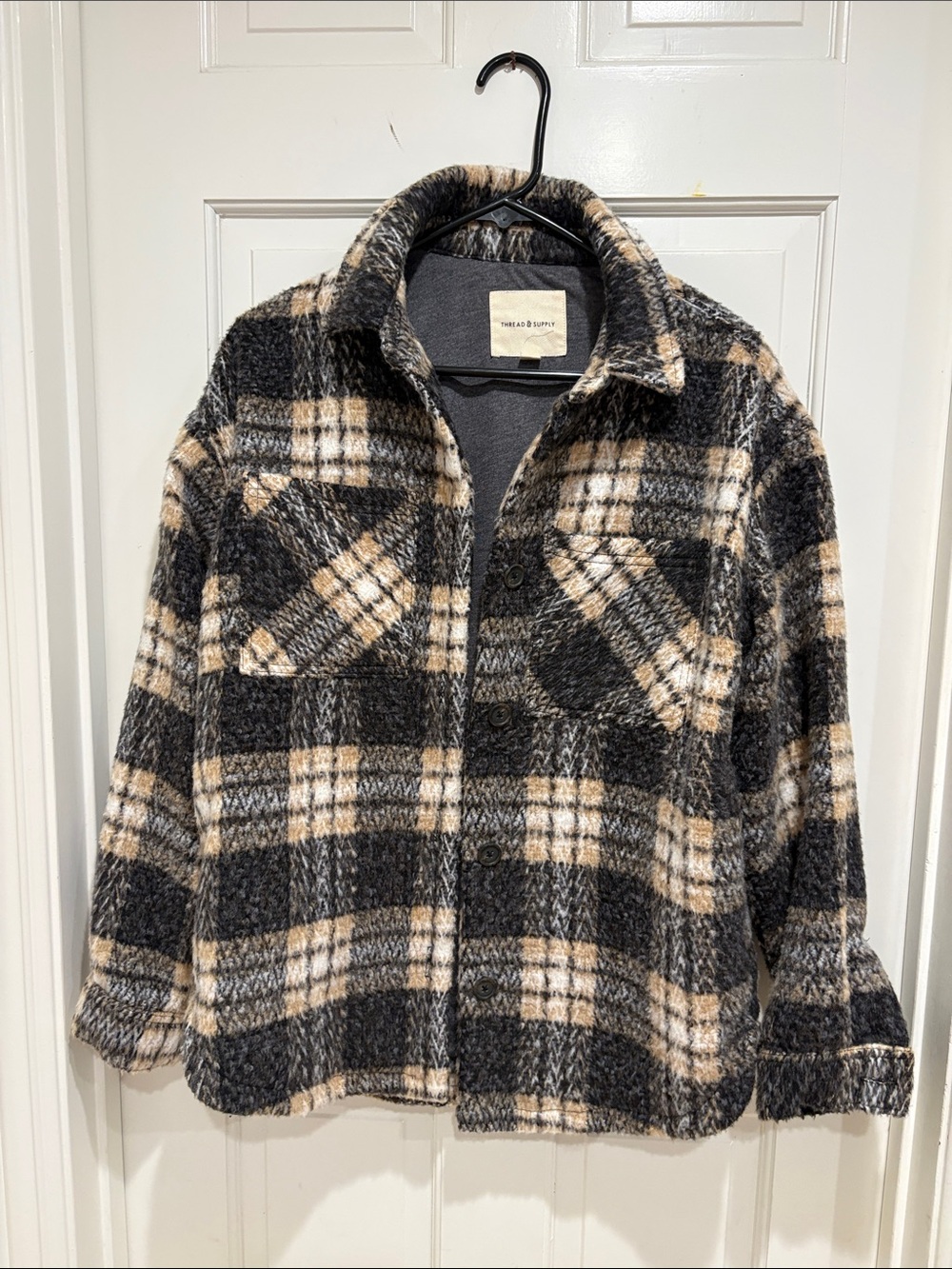 Thread & Supply Plaid Shacket in Black and Cream with Taupe Accents